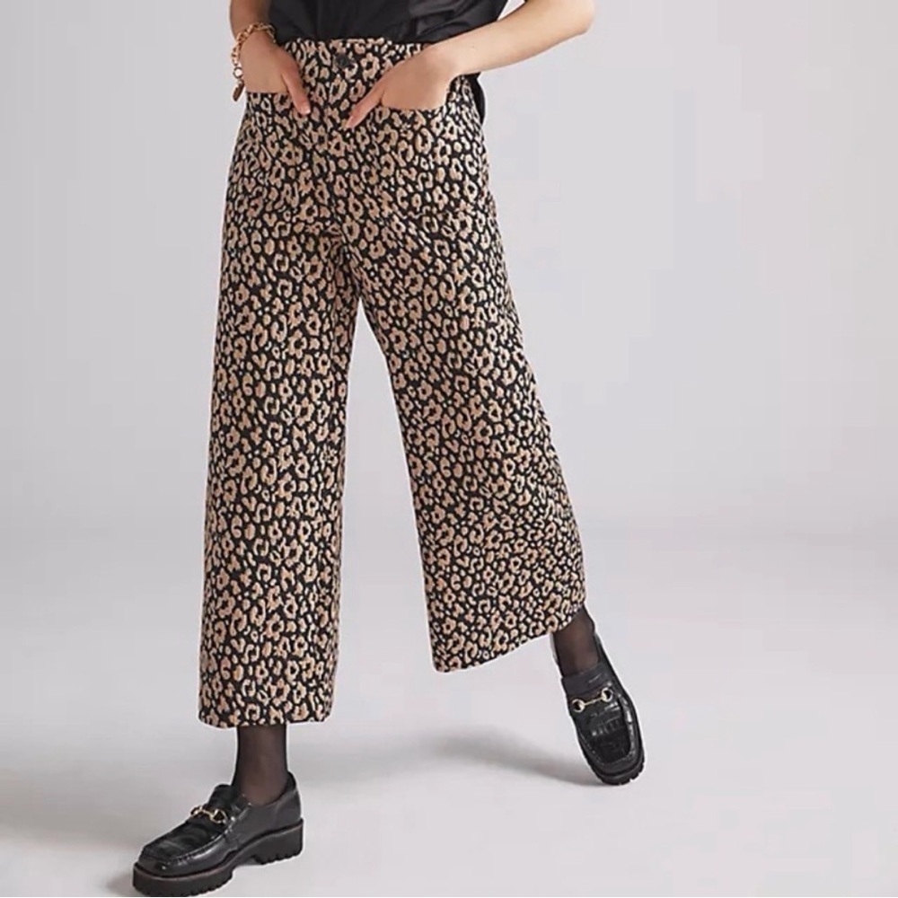 Anthropologie Maeve Leopard Brocade Pants Cropped Wide Leg Size 4 Black Brown